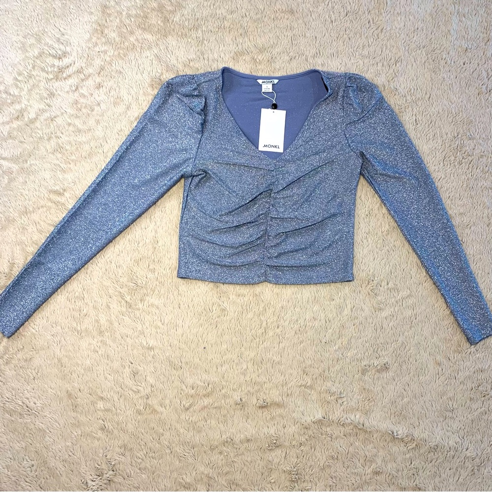 MONKL Top Shirt Women’s Small Glitter Blue Long Sleeve NWT New V Neck. Ruched